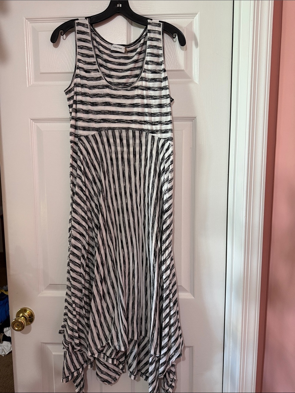 Calvin Klein Black & White Striped Asymmetrical Handkerchief Dress